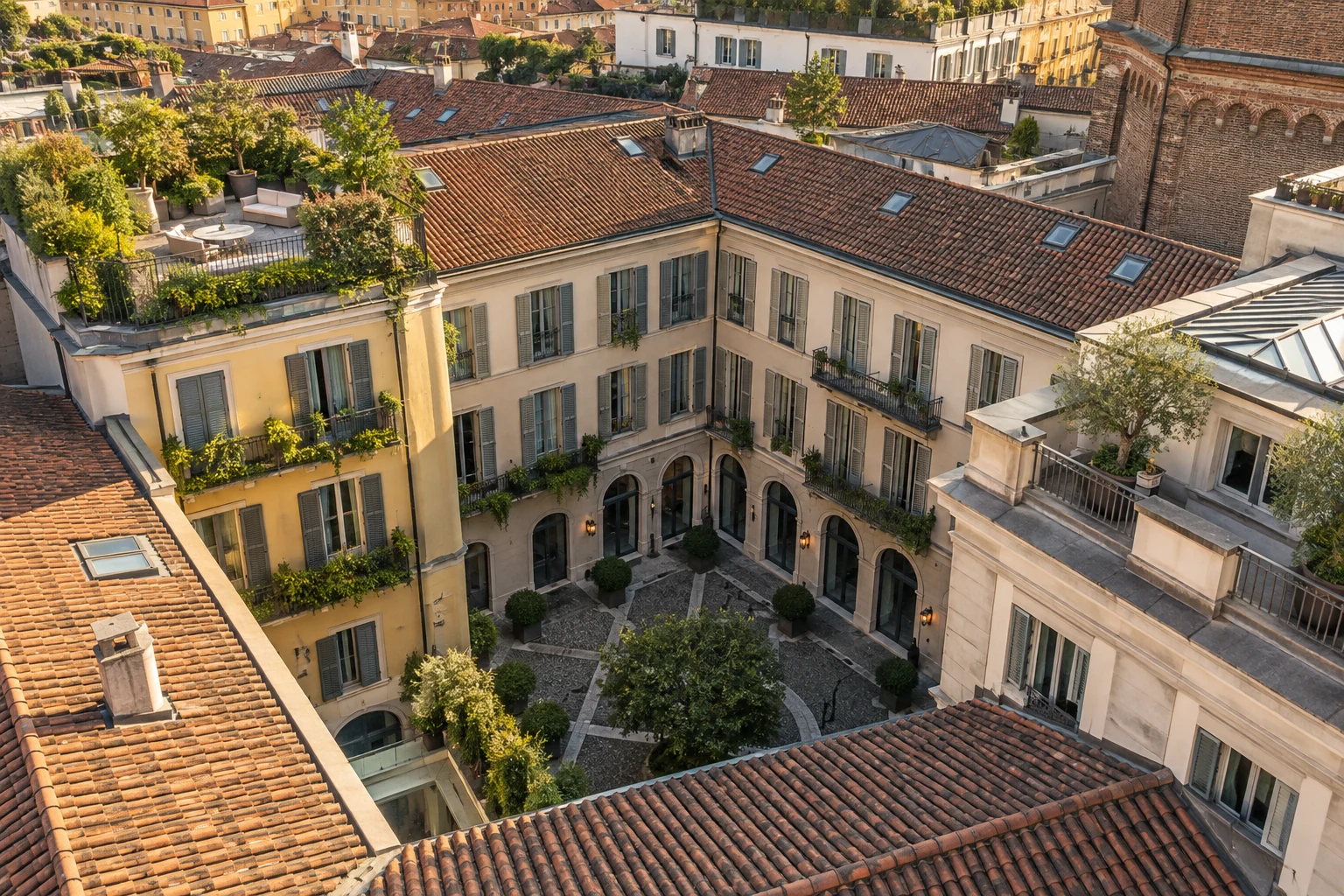 Cortile e tetti urbani ripresi dall'alto per contenuti leggeri